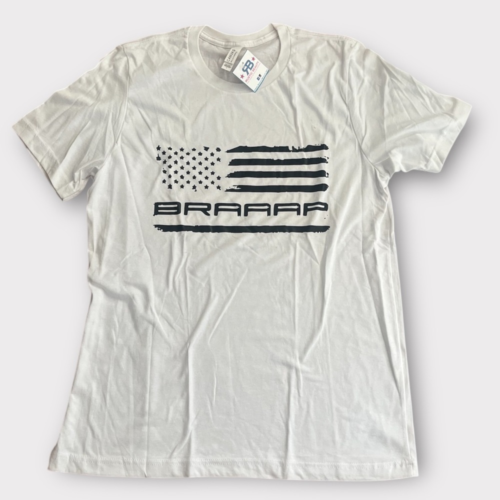 NWT. White Braaap American Flag Snow Mobile, Dirt Biking Unisex Tshirt